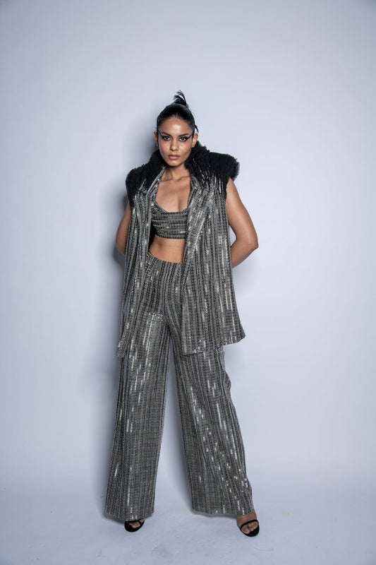 Scintilla Ruffle Jacket, Bralette And Trouser Set - Rudraksh Dwivedi